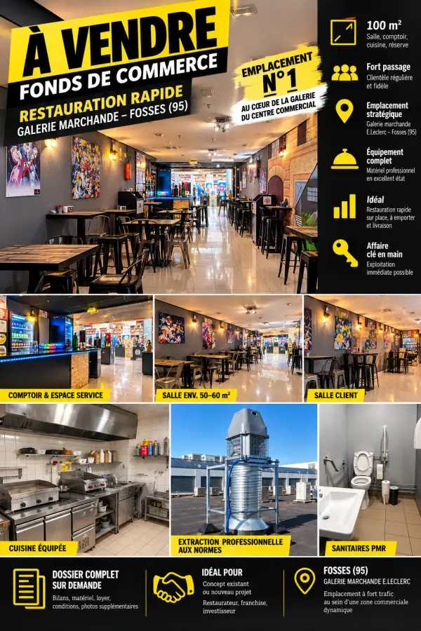 Fonds de commerce de restauration rapide à vendre – Emplacement n°1 en galerie marchande – Fosses (95)